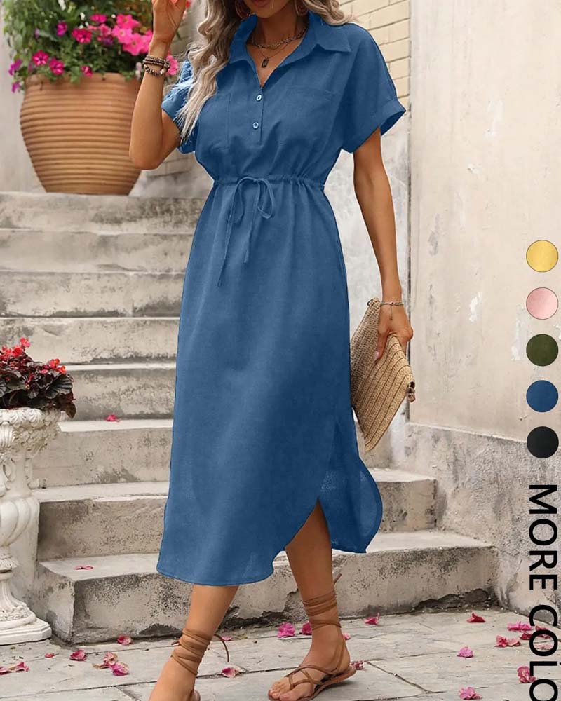 Lapel Waist-Cinching Shirt Dress