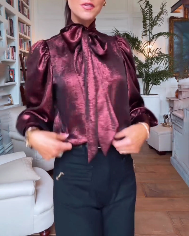 Puff Sleeve Flowing Ribbon Elegant Blouse