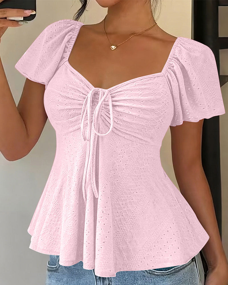 Hollow-Out Drawstring Short Sleeve Solid Color Blouse