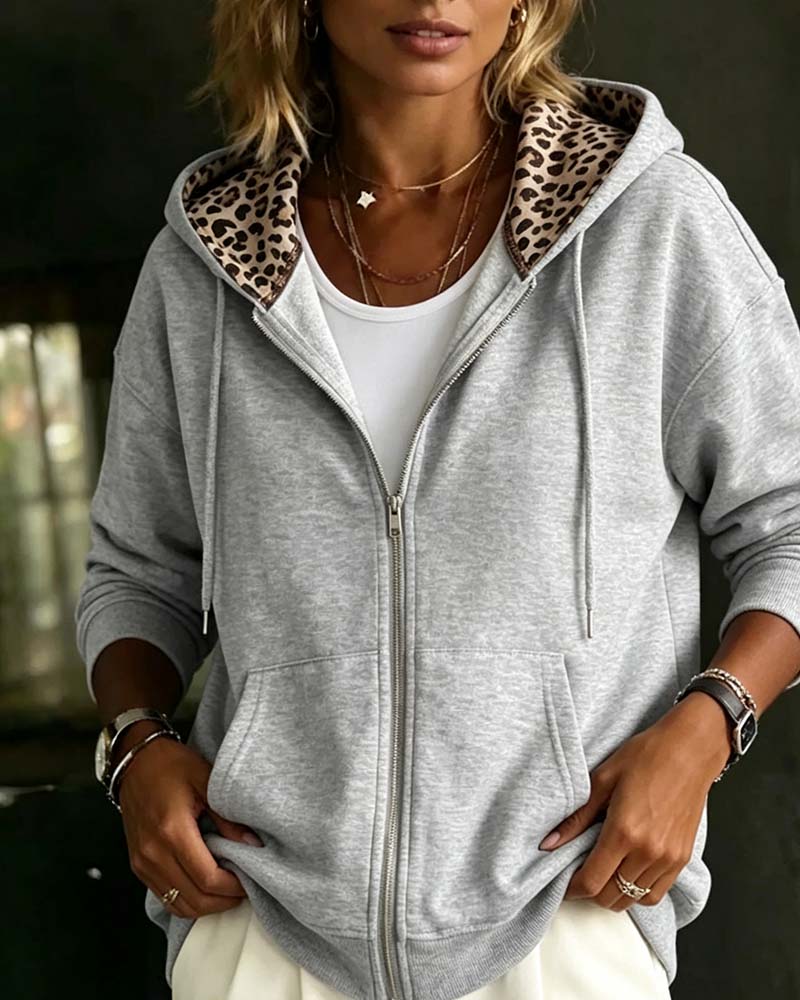 Hooded Leopard Print Zip Pocket Coat