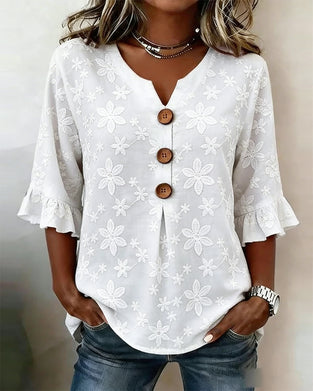 Ruffled Bell Sleeve Daisy Jacquard Blouse