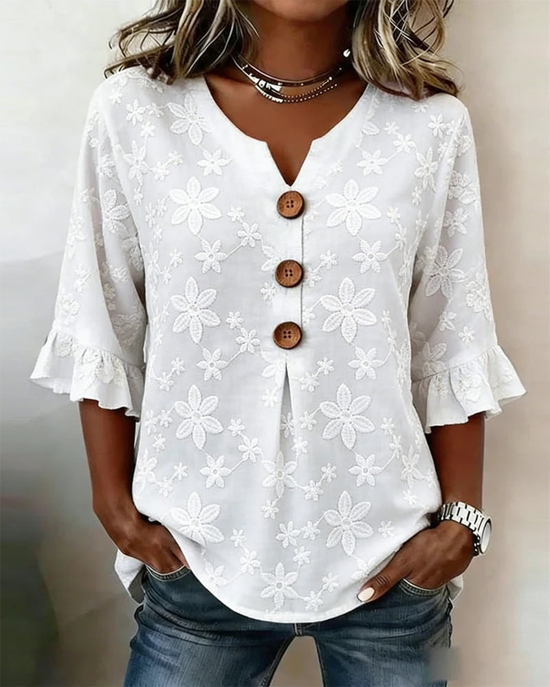 Ruffled Bell Sleeve Daisy Jacquard Blouse