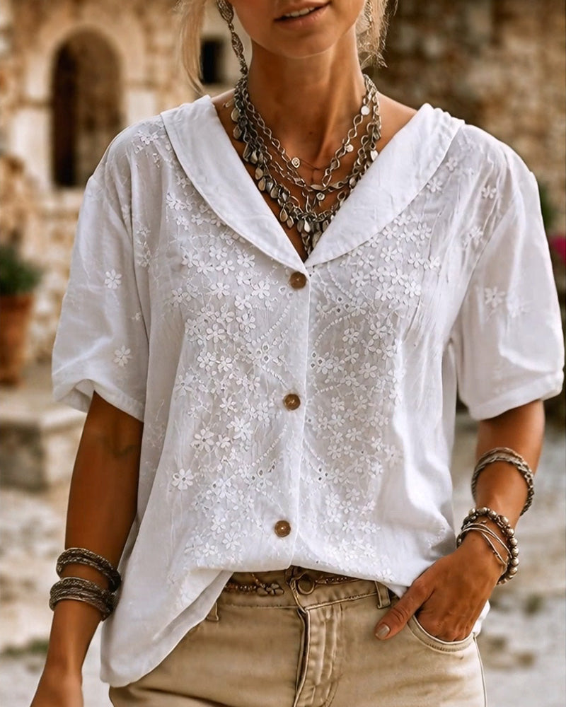Lapel Button Three-Dimensional Floral Blouse