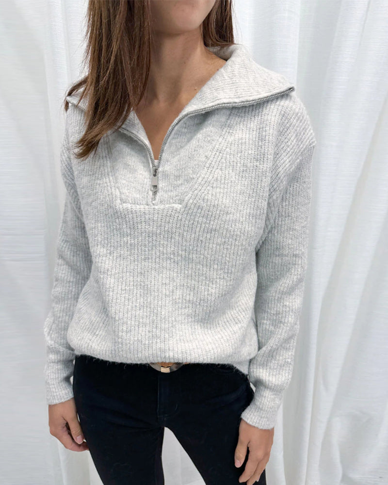 Lapel zipper solid color casual sweater