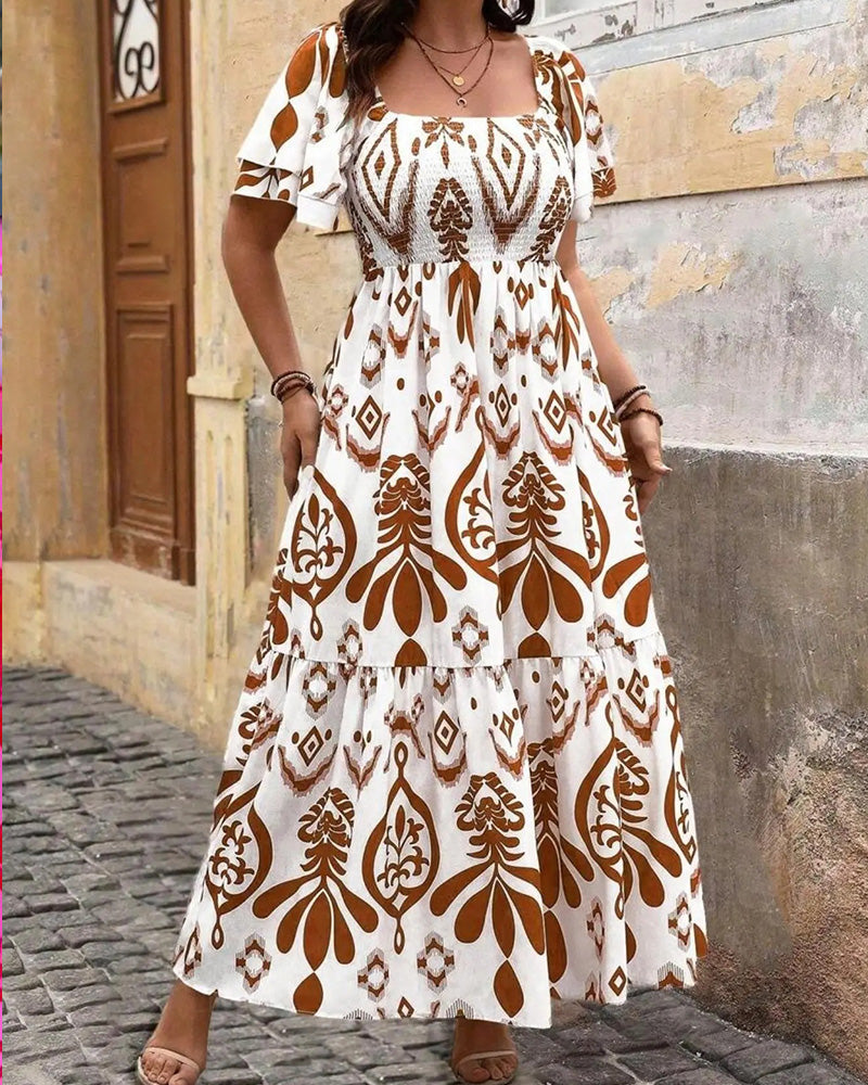 Blue Porcelain Square Neck Print Maxi Dress