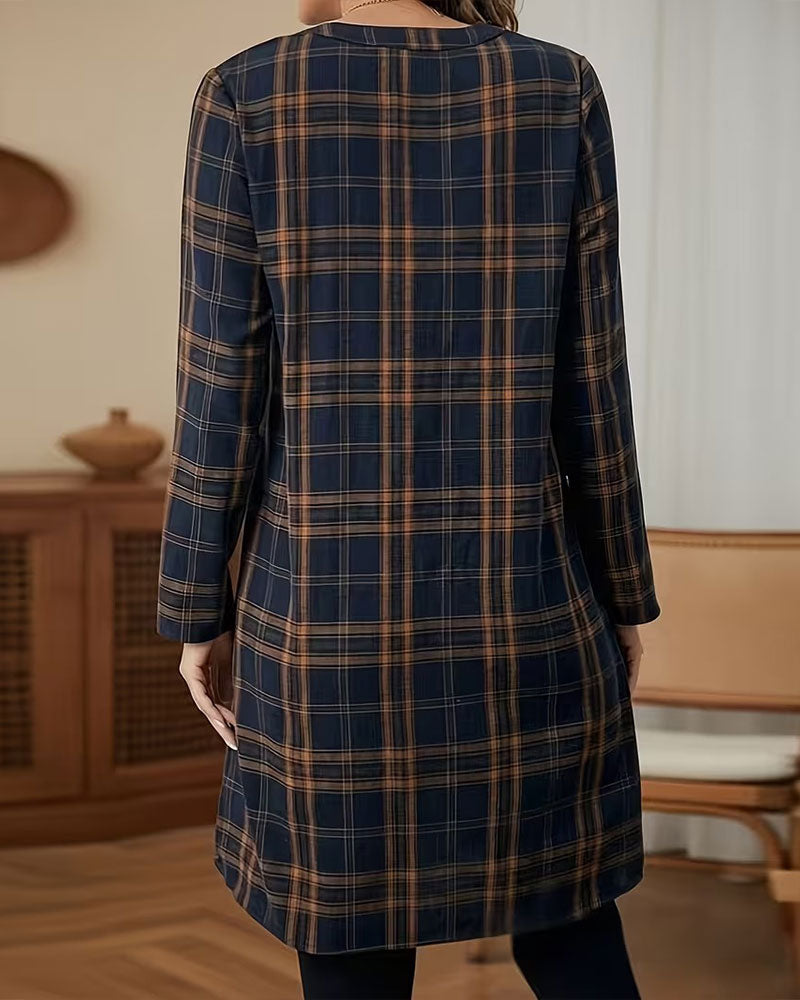Plaid Long Sleeve A-Line Dress