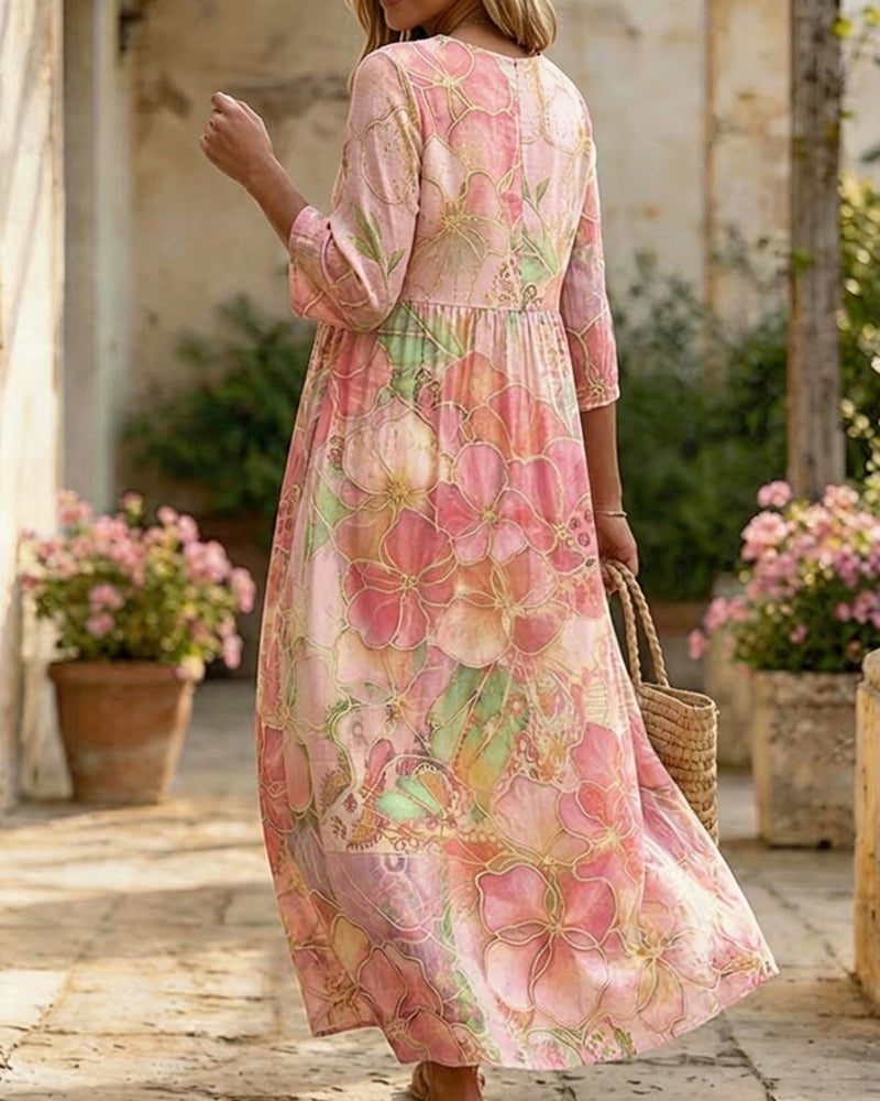 Watercolor Floral Three-Quarter Sleeve Full Skirt Maxi Dress