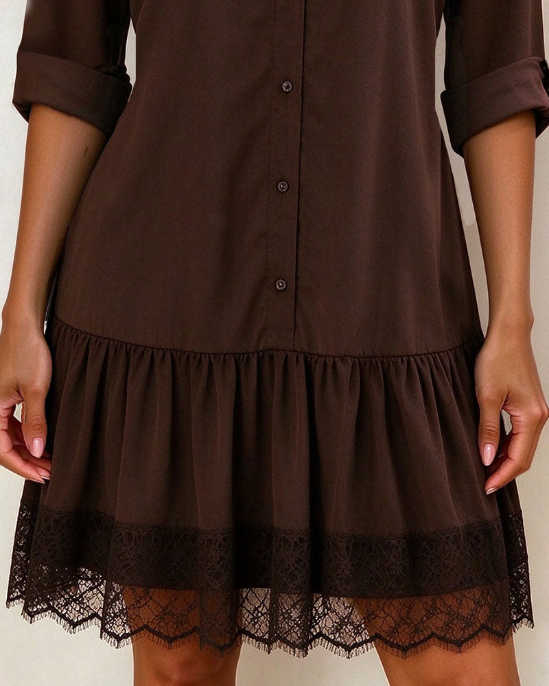 Stand Collar Patchwork Lace Hem Dress