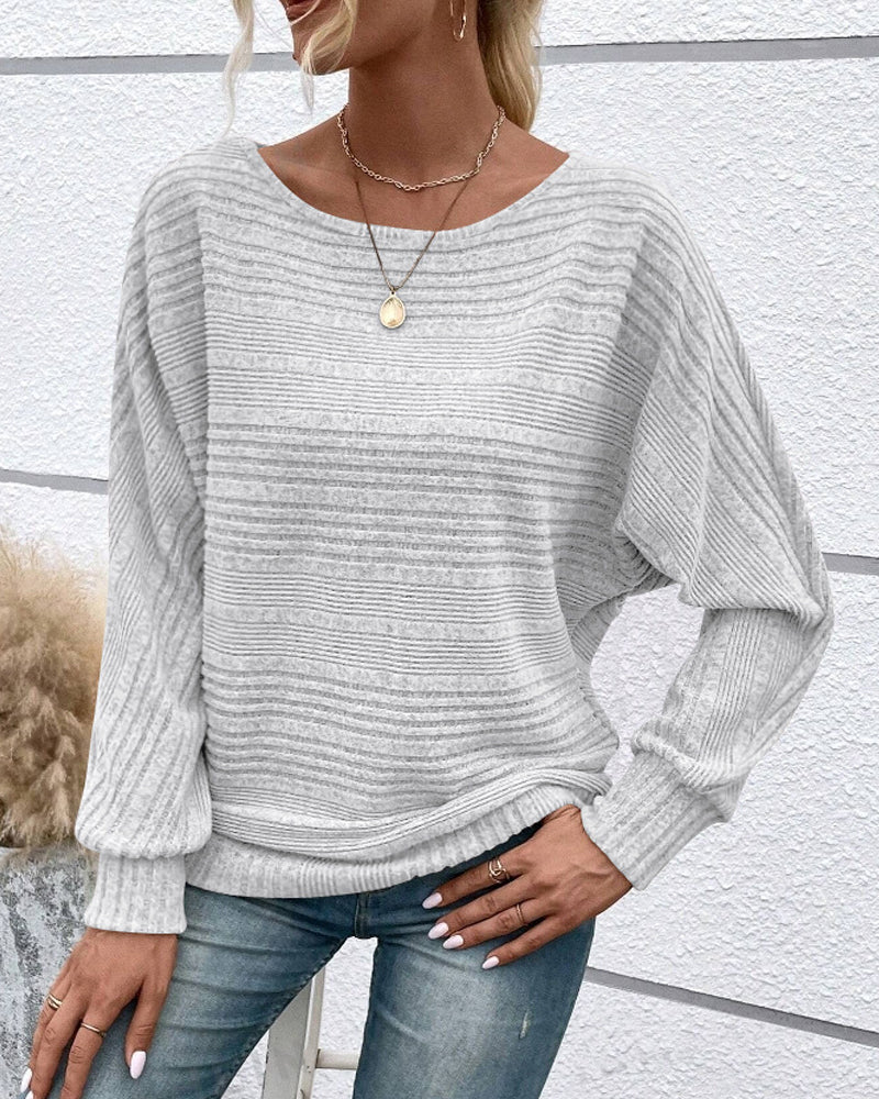 Solid Color Round Neck Long Sleeve Striped Top