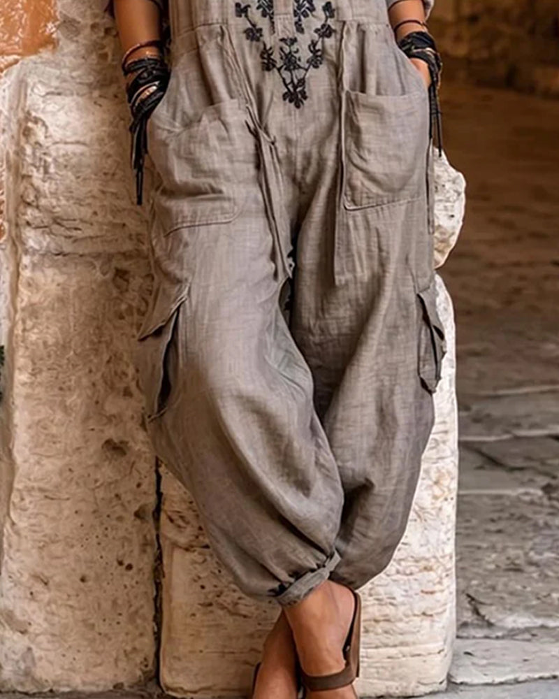 Printed Tapered-Leg Cargo Jumpsuit