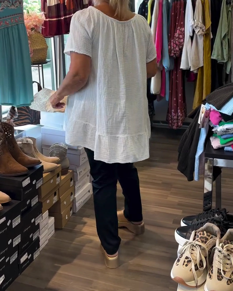 Crew Neck Smocked Relaxed Solid Blouse