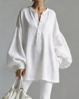 Open Button Lantern Sleeve Loose Cotton Linen Blouse