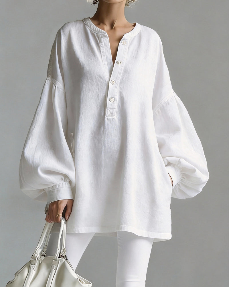 Open Button Lantern Sleeve Loose Cotton Linen Blouse