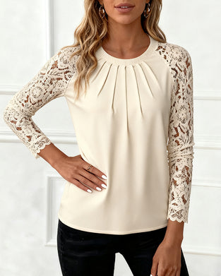 Round Neck Pleated Lace Patchwork Top