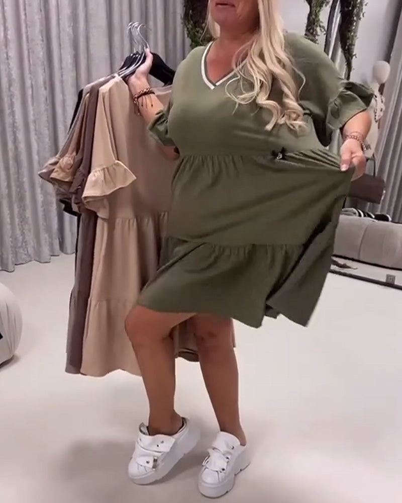 V-Neck Ruffle Sleeve A-Line Dress