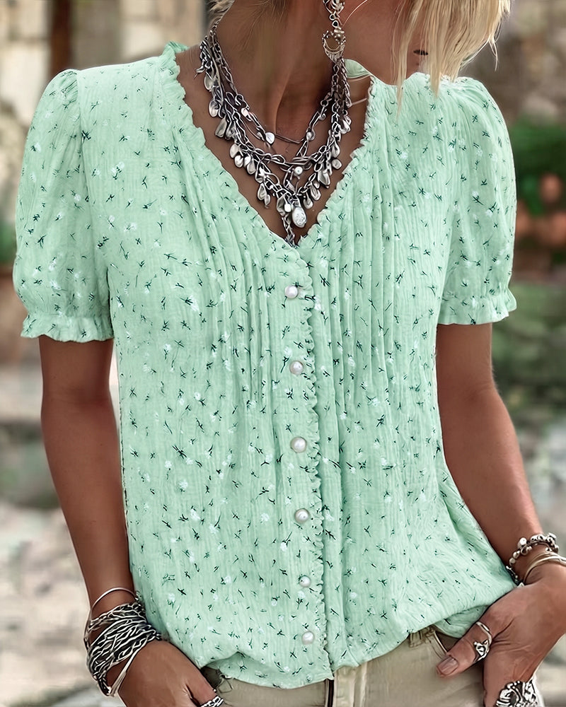 Puff Sleeve Floral Print Short-Sleeve Blouse