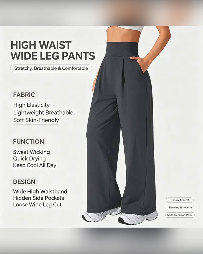 High Waist Pocket Solid Color Wide Leg Pants