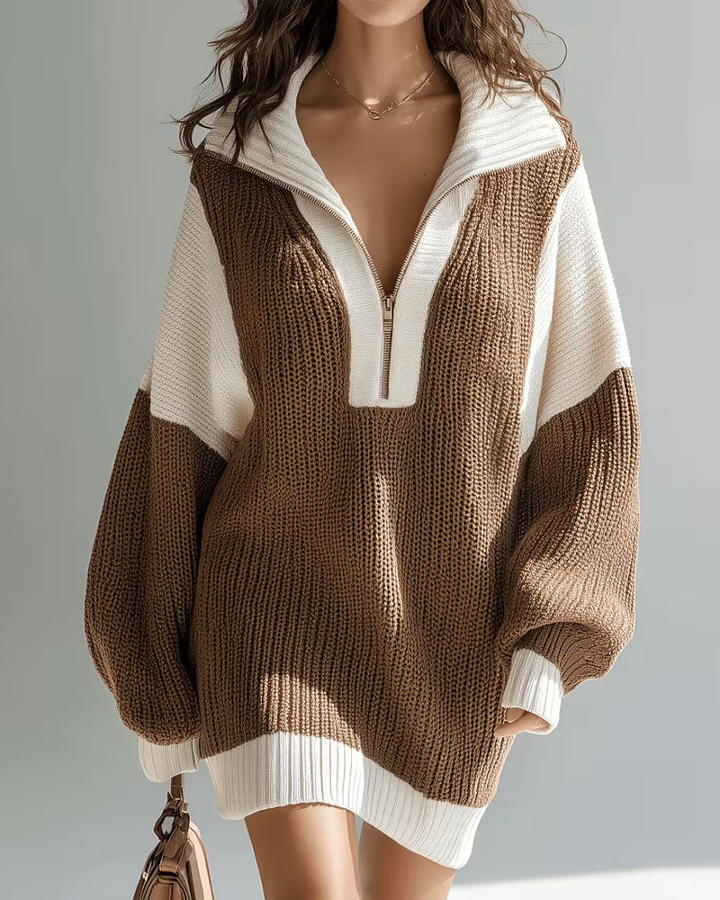 Lapel Zipper Contrast Sweater Dress