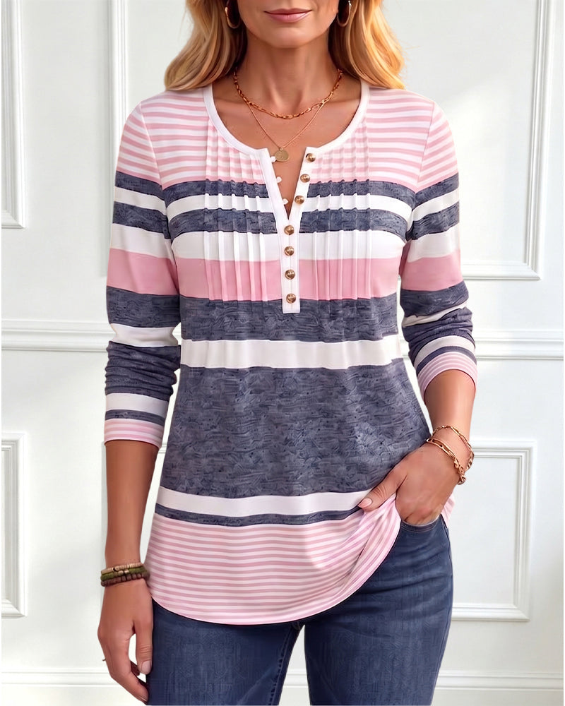 Crew Neck Buttoned Pleated Striped Top