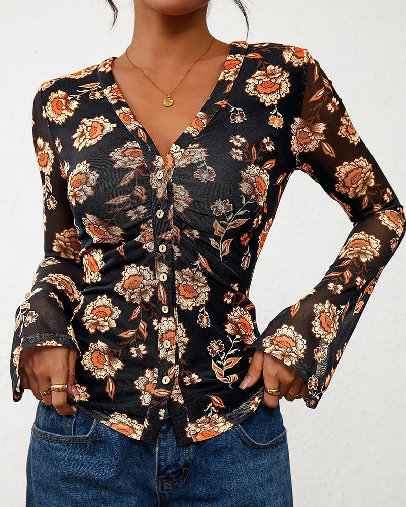 V-Neck Button Slit Fitted Top