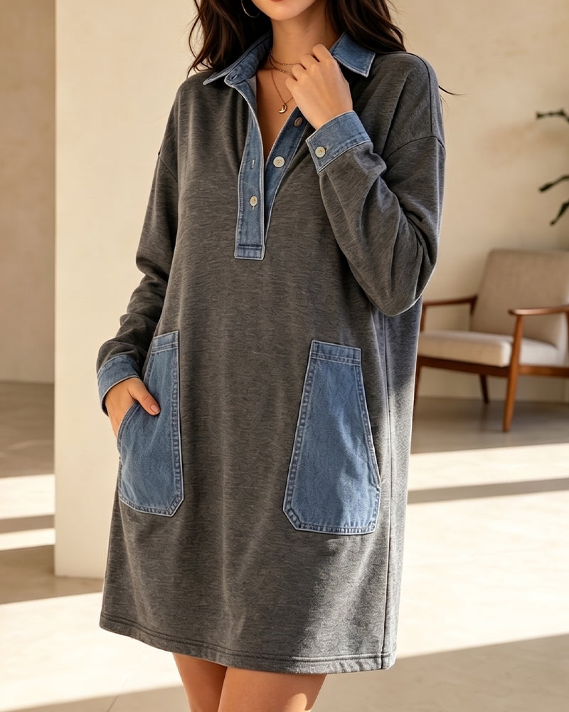 Polo Collar Denim Patchwork Dress