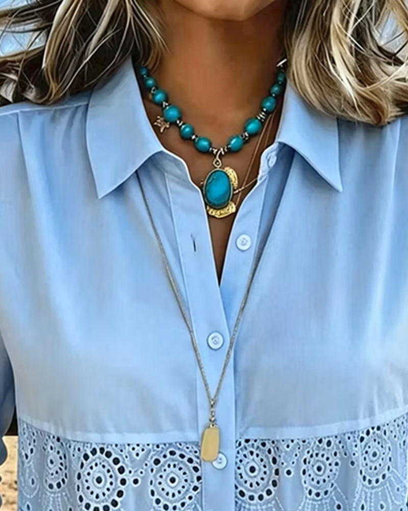Cut-Out Patchwork Lapel Blouse