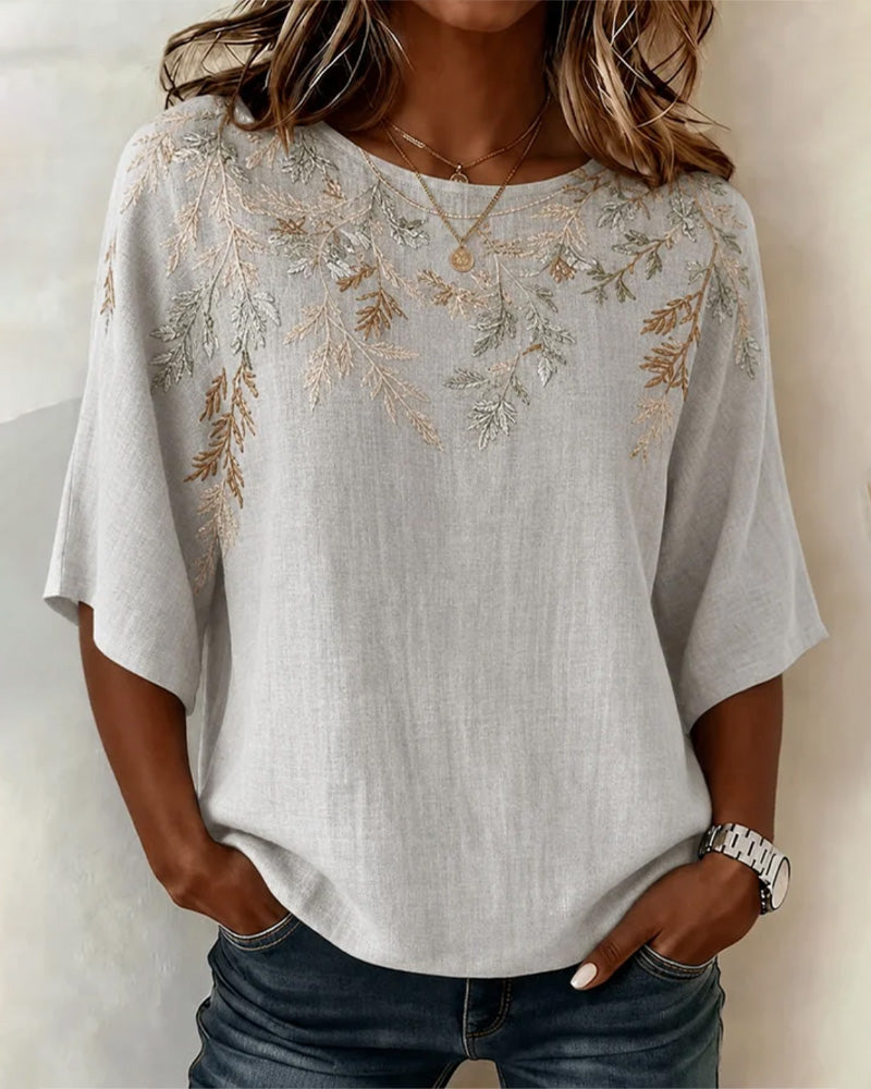 Crew Neck Mid-Length Sleeve Leaf Motif Blouse