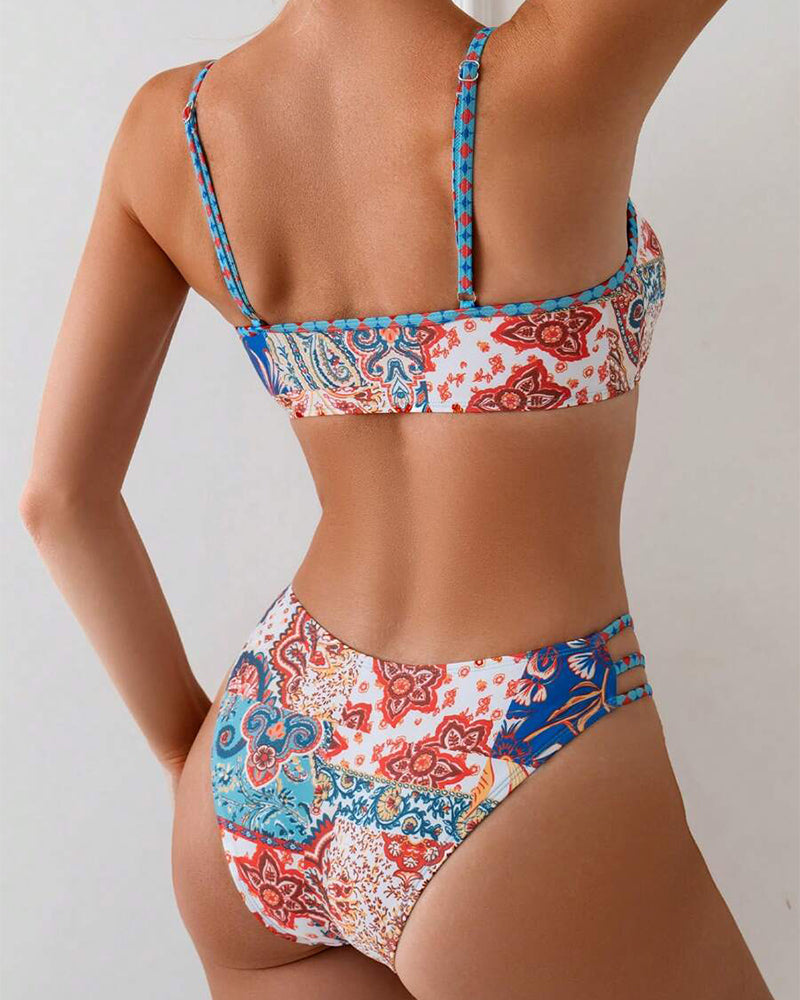 Printed Lace-Up Sexy Triangle Bikini