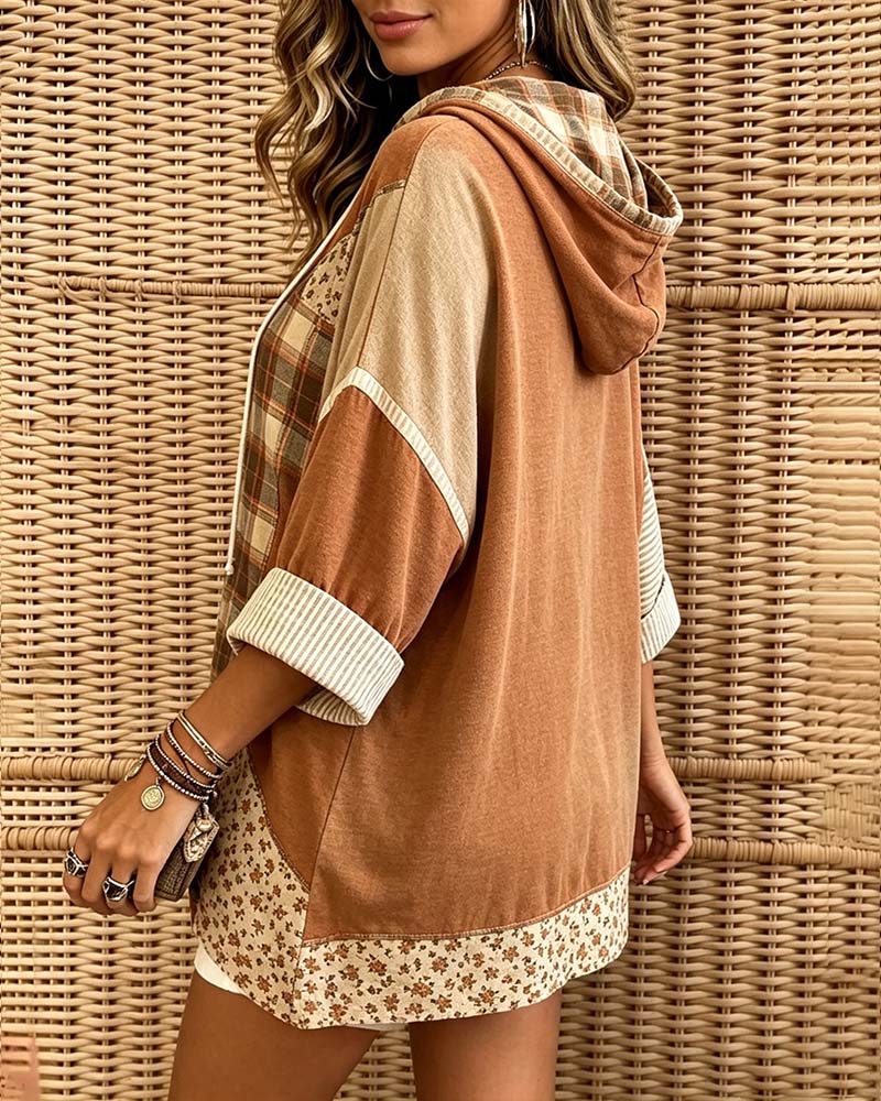 Plaid Stripe Floral Patchwork Hoodie