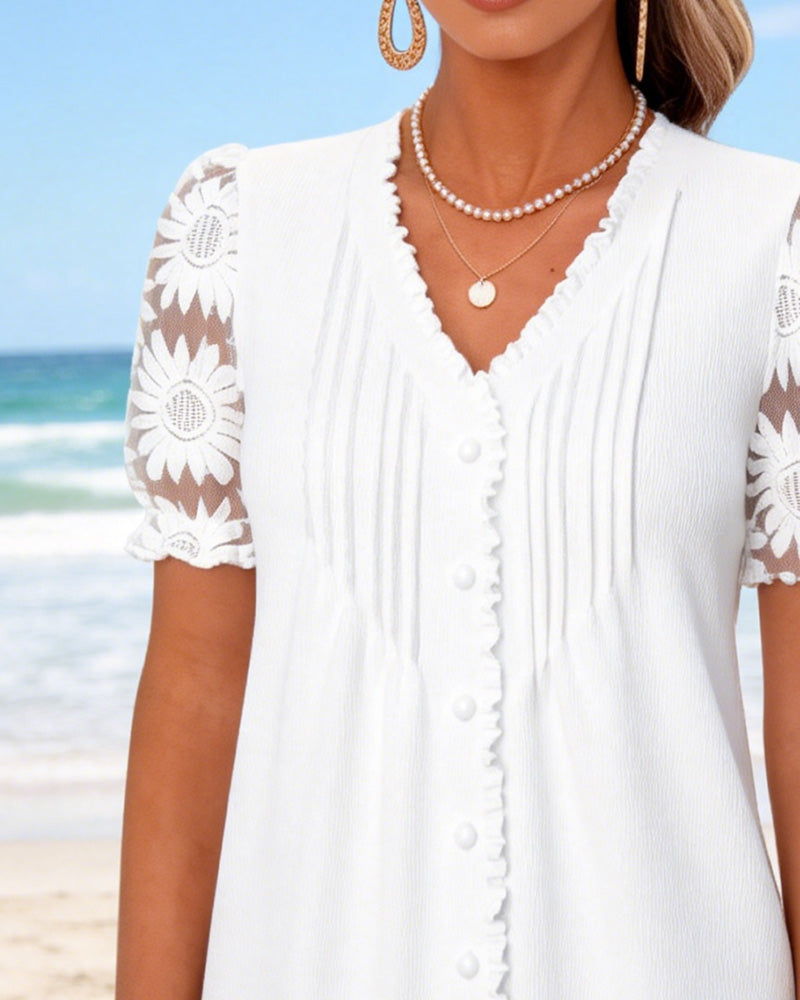 V-Neck Button Pleated Lace Patchwork T-Shirt