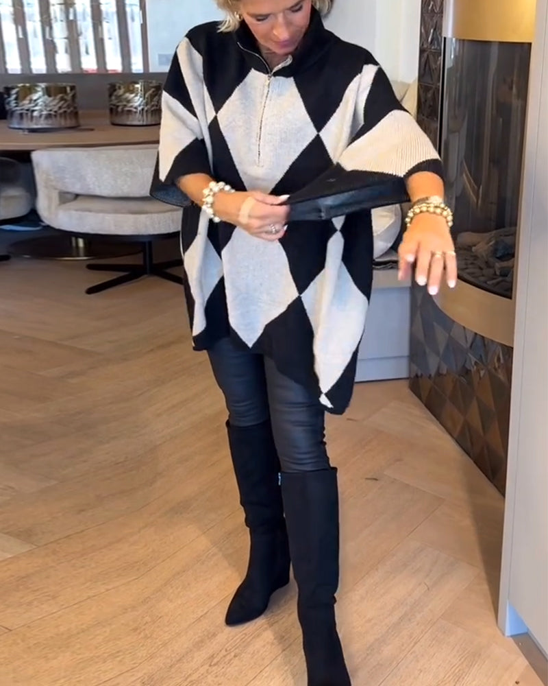 Stand-Up Collar Argyle Irregular Pullover