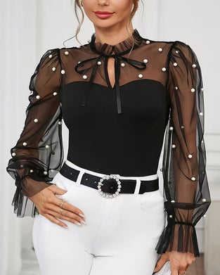 Solid Bubble Sleeve Trendy Blouse