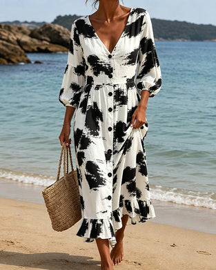 V-Neck Button Color-Block Dress