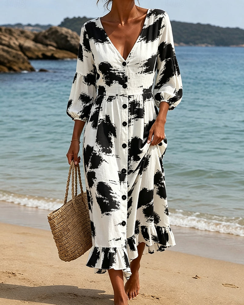V-Neck Button Color-Block Dress