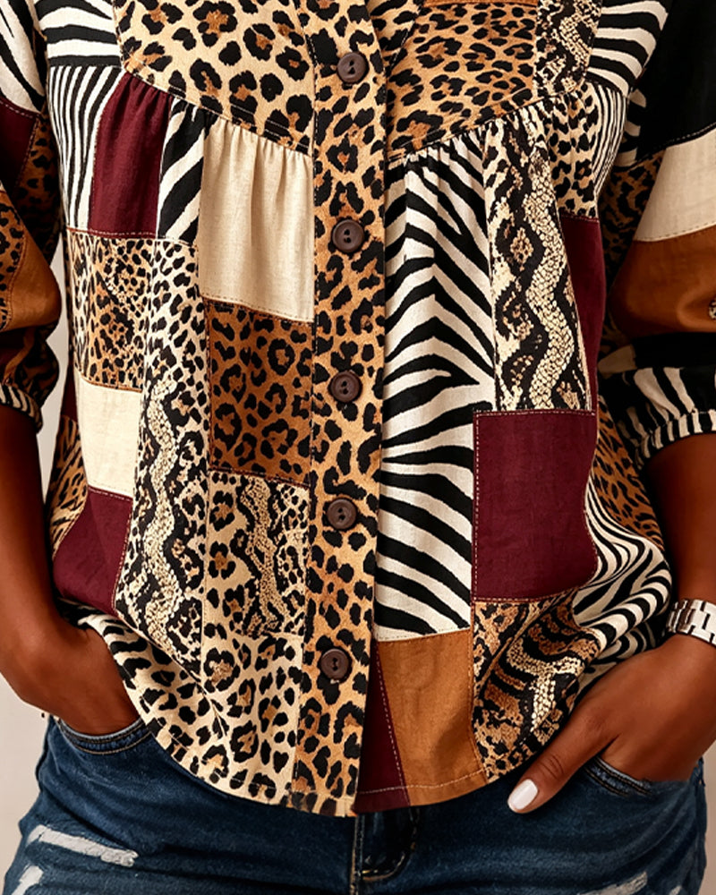 Leopard Color-Block V-Neck Blouse