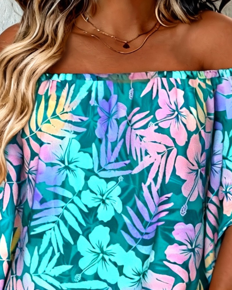 Off-The-Shoulder Batwing Sleeve Printed Blouse