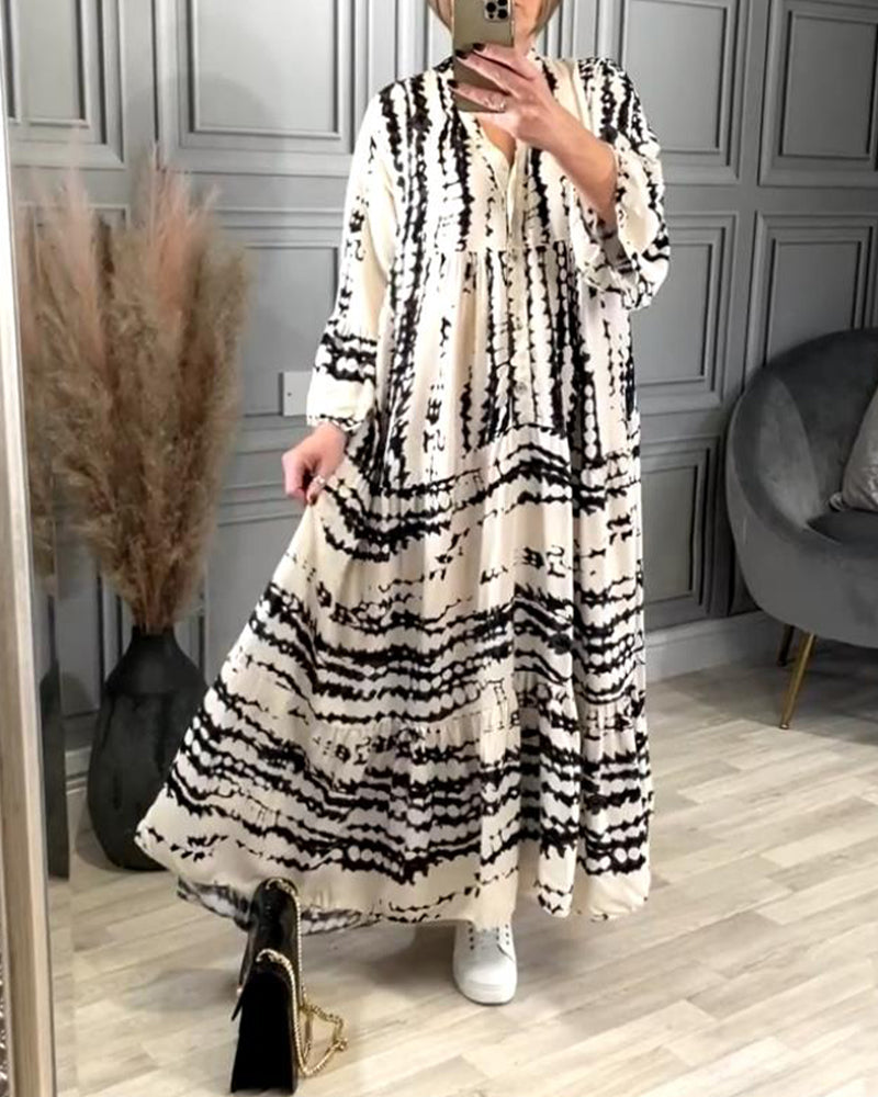 Contrast print bell sleeve casual dress