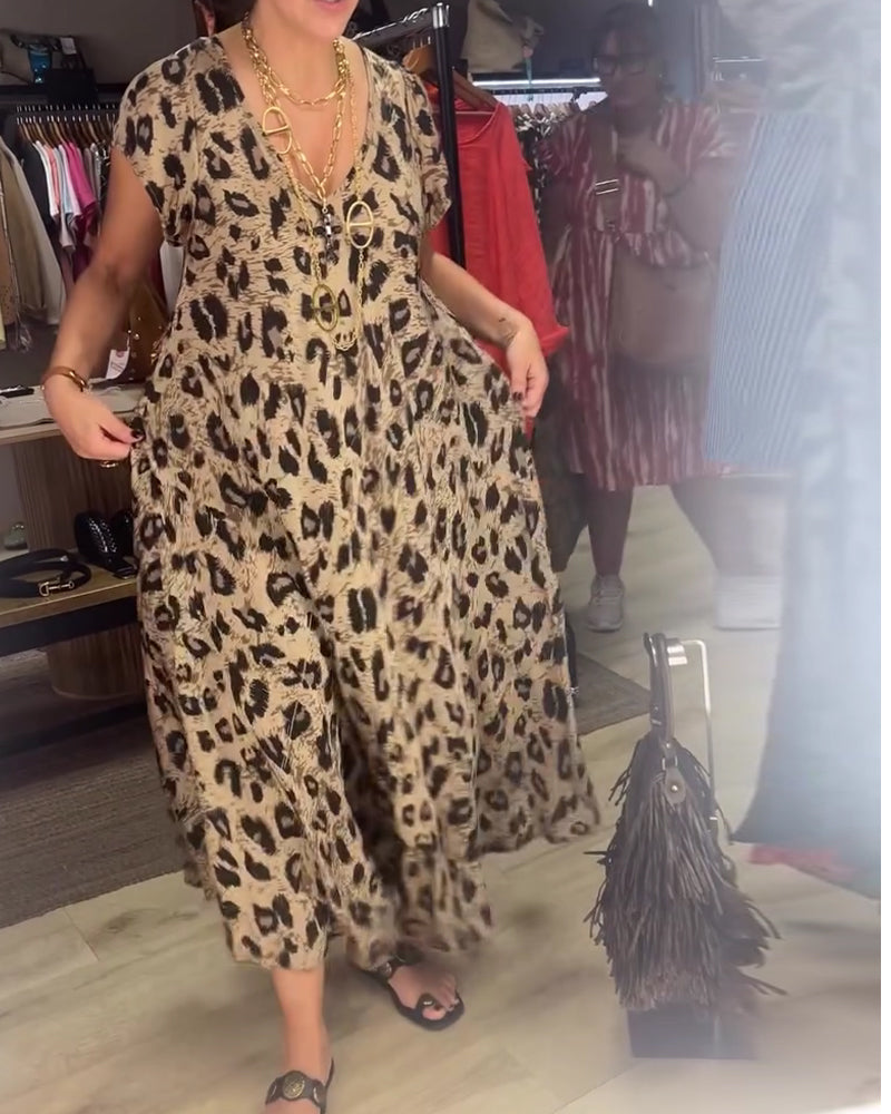 V-Neck Leopard Full Skirt Dress