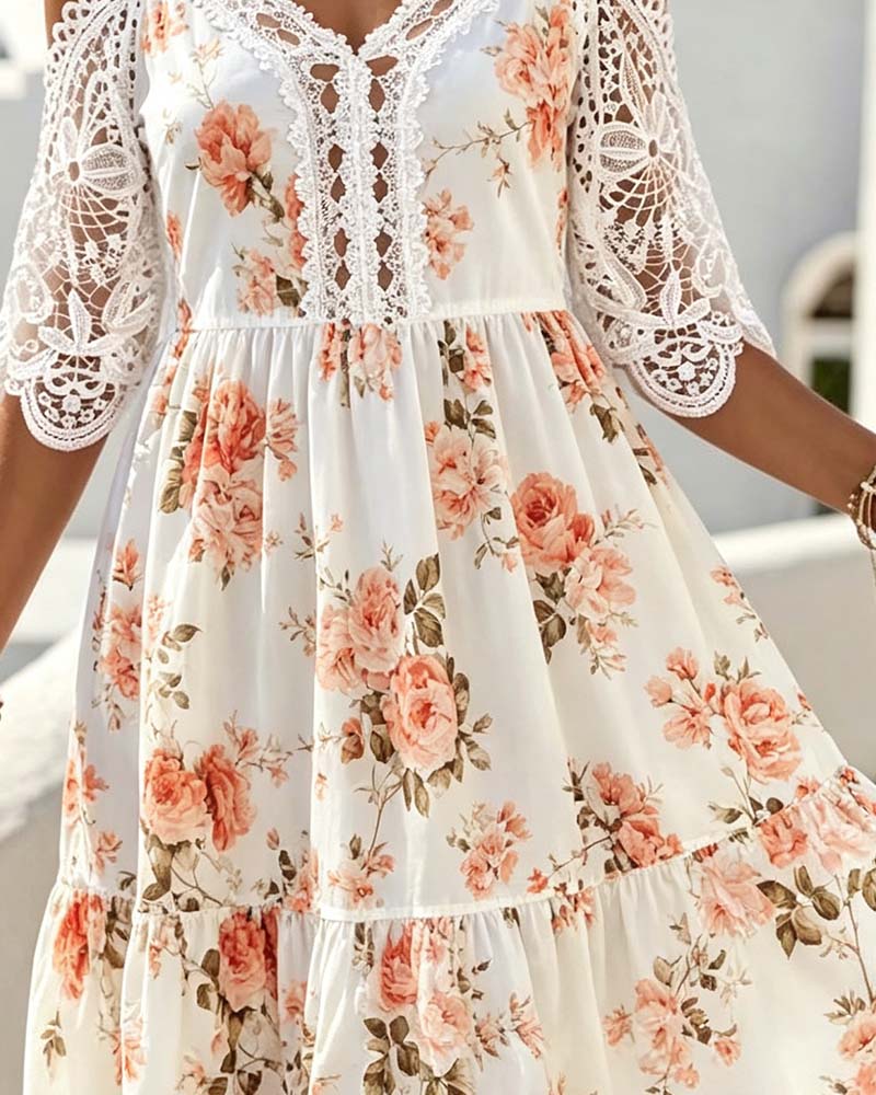 V-Neck Lace Patchwork Floral Cold Shoulder Dress