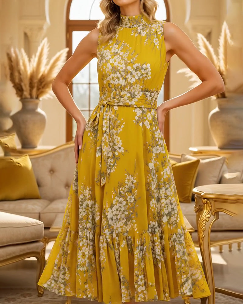 Mock Neck Sleeveless Waist-Cinching Floral Dress
