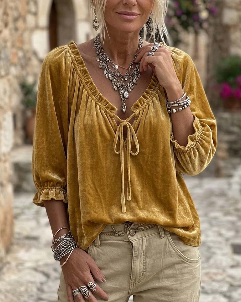 Drawstring Velvet Short Sleeve Blouse