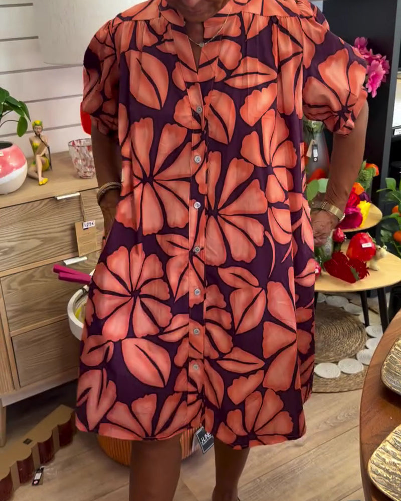 Puff Sleeve Floral Stand Collar Shirt Dress