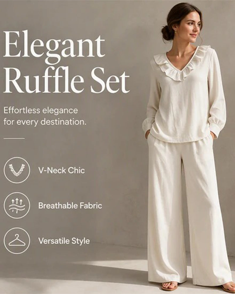 Ruffled V-Neck Long Sleeve Set