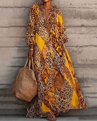 Leopard Color Block Ruffle V-Neck Dress