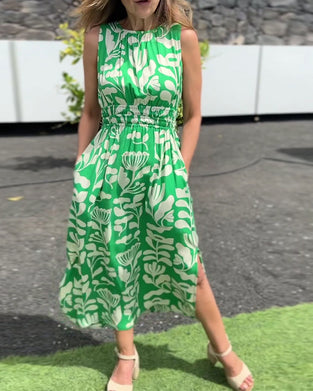 Sleeveless Long Waisted Printed Dress