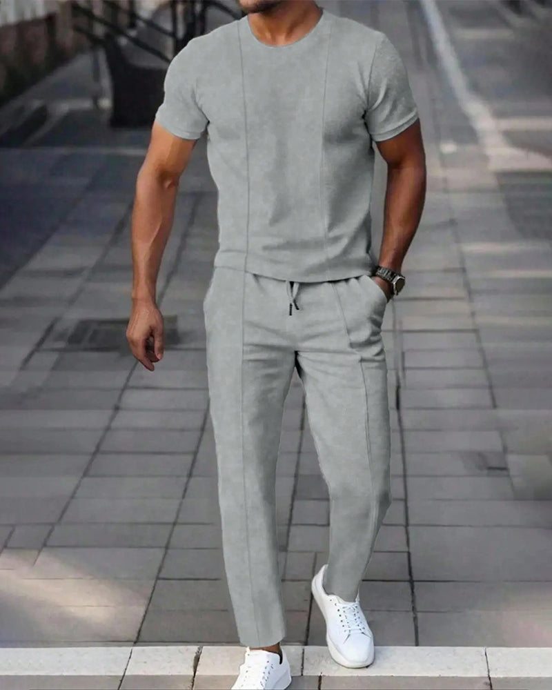 Crewneck Solid Color Drawstring Men's Set