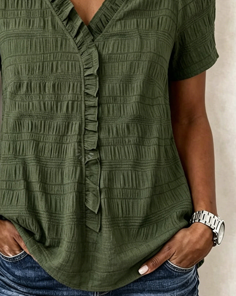 V-Neck Solid Color Blouse