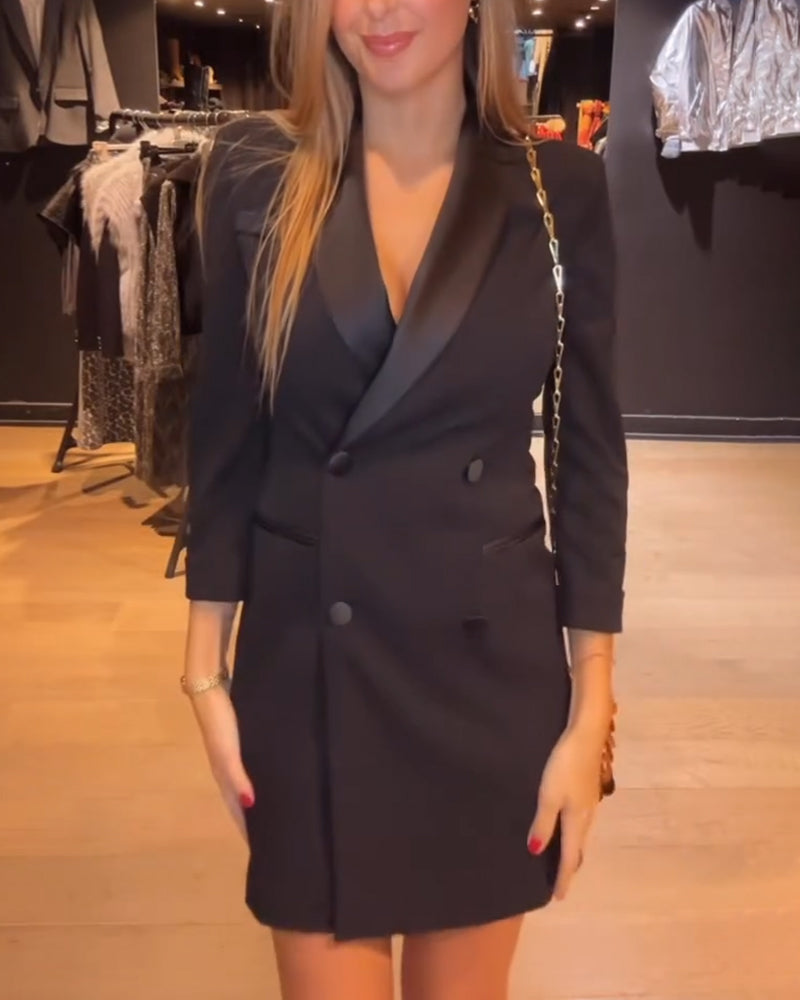 Fashion solid color lapel button slim dress