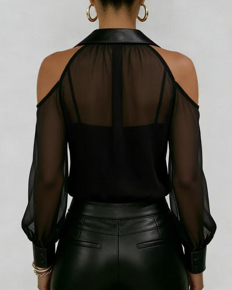 Lapel Button-Down Cold Shoulder Tulle Top