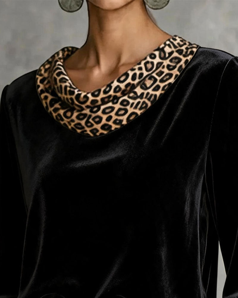 Leopard Trim Mock Neck Velvet Top